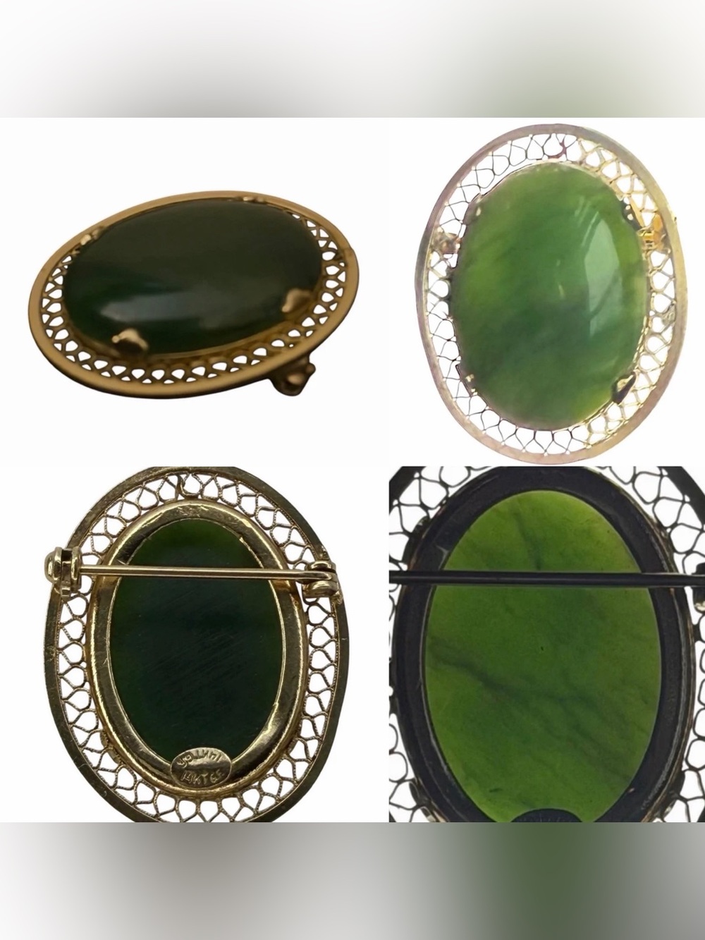 Antique Oval Jade 14KT G.F. Filigree Brooch / Pin
